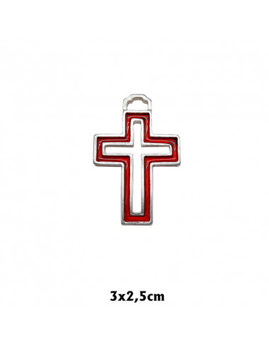 Cruz Niquel Con Esmalte Rojo Interno 38x24mm Con Cruz Hueca Con Cordon