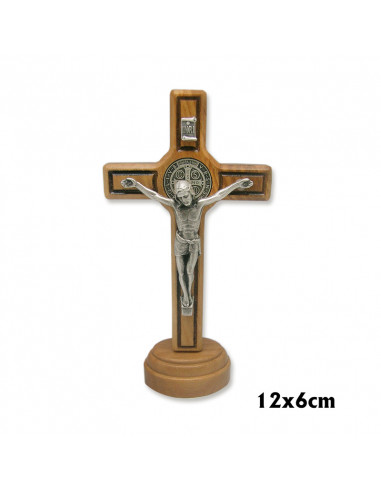 Cruz San Benito 14.5x8cm Madera Olivo Con Medalla Y Cristo Metal