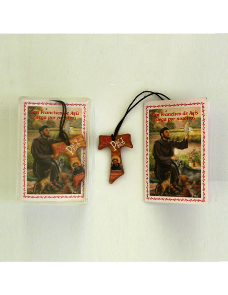 Cruz Tau Serigrafiada Paz Y Bien Con San Francisco 38X27mm En Caja Y Folleto Oraciones