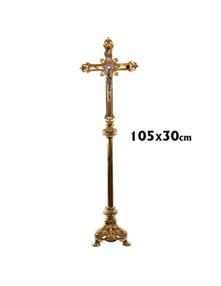 Cruz Altar 105Cm Base Triangular Doble Nudo Baño Oro 24K