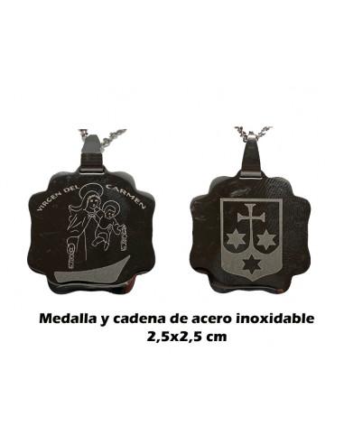 Medalla Virgen Carmen Acero Grabada 2. 5x2. 5cm Con Cadena De Acero