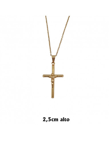 Cruz Colgante Acero Dorada Cristo Relieve 3. 5x2. 9cm Redonda Puntas Cortadas Cadena