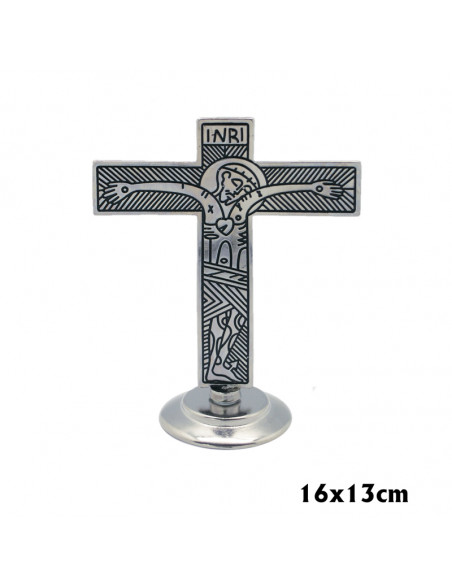 Cruz Metal Familia Base Mesa 16X13cm Catecumenal Fondo Oscuro