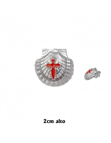 Pin Concha Niquelada Con Cruz De Santiago Esmalte Rojo 2cm