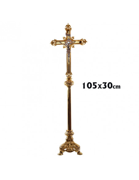 Cruz Altar 105Cm Base Triangular Doble Nudo Baño Oro 24K