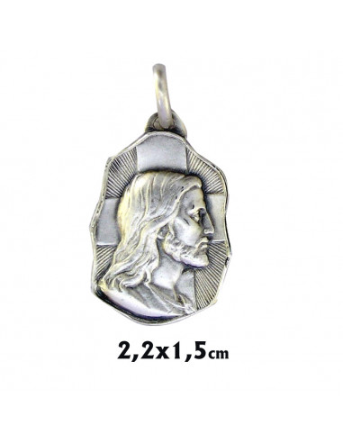 Medalla Plata Irregular 22x15mm Rostro De Jesus Con Cruz En El Fondo