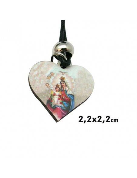 Colgante Madera Forma Corazon Virgen del Carmen Cordon Caucho Y Cierre Metal