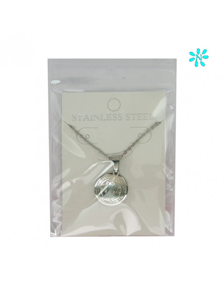 Medalla San Benito Acero 19 Mm Grabado Laser Con Cadena De Acero