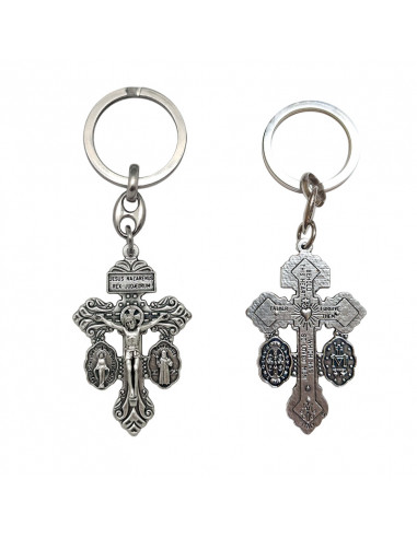 Llavero Cruz Metal del Perdon 2 caras con Medallas Virgen Milagrosa y San Benito