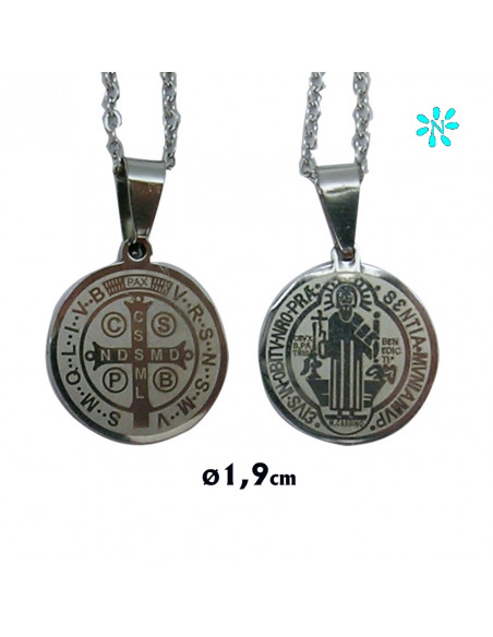 Medalla San Benito Acero 19 Mm Grabado Laser Con Cadena De Acero