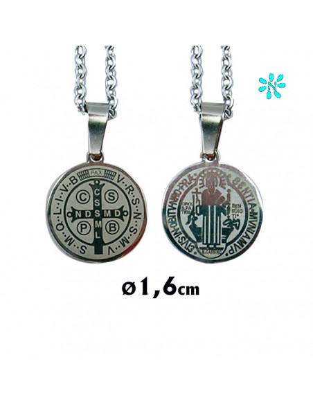 Medalla San Benito Acero 16Mm Grabado Laser Con Cadena De Acero