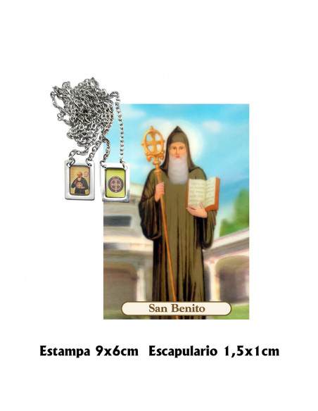 Medalla Acero Escapulario Rectangular San Benito en Blister con Foto