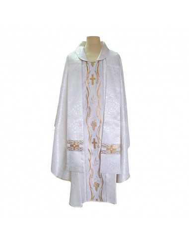 Casulla Estampada Con Galon Cruces Y Espigas Entrelazadas En Circulos N363 Blanca