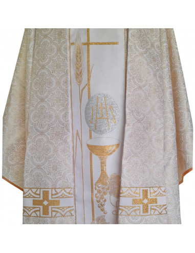 Casulla Estampada Tipo Damasco Con Galon Cruz Y Espiga Fina Caliz Y Forma N375 Blanca