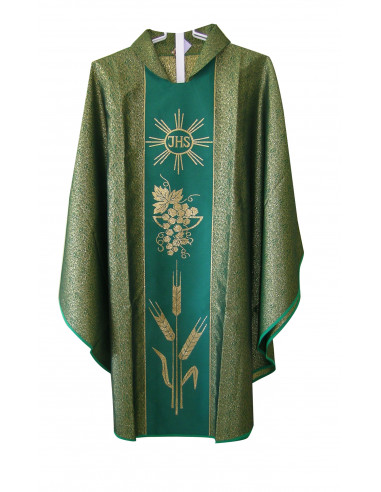 Casulla Estampada Tipo Damasco Con Galon Sol Con Ihs Racima Espigas N378 Verde