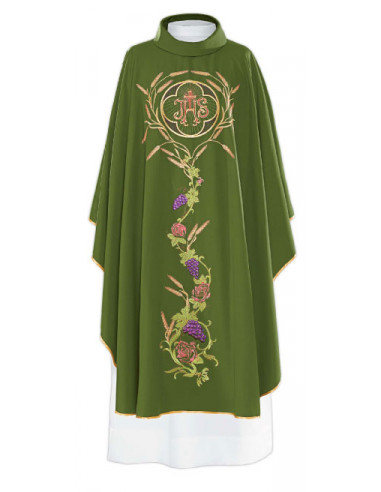 Casulla Bordada Jhs En Roseton Kor/006 Flores Y Uvas Verde