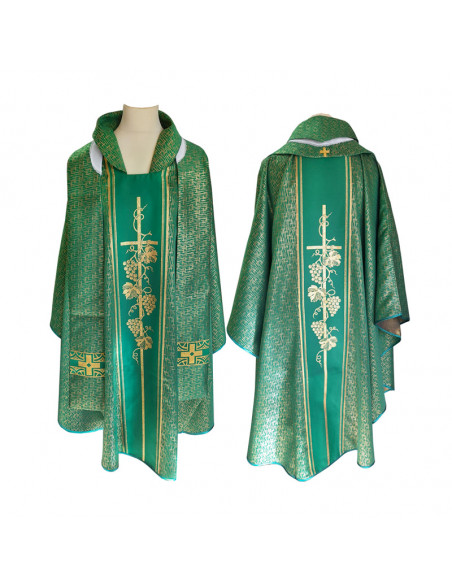 Casulla Estampada Tipo Damasco Con Galon Cruz Y Espiga Fina Caliz Y Forma N375 Blanca