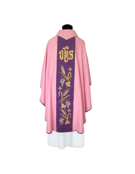 Casulla Bordada Lisa Con Jhs Espigas Con Uva Y Cruces Pequeñas Rosa