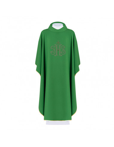 Casulla Bordada Jhs Con Cruz Superior Kor/210 Verde Cuello Cerrado Fin