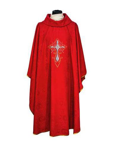 Casulla adamascada bordada cruz grande roja con dorada alrededor
