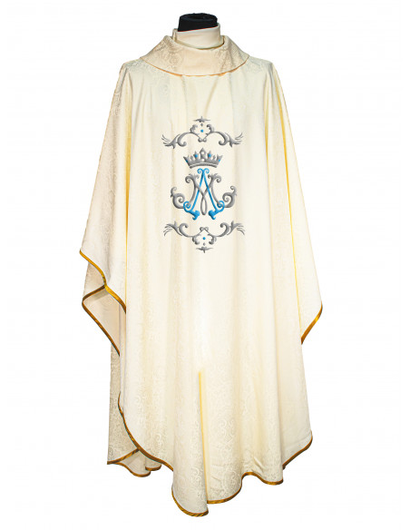 Casulla adamascada bordada Mariana azul y plateado corona y cenefa arriba y abajo