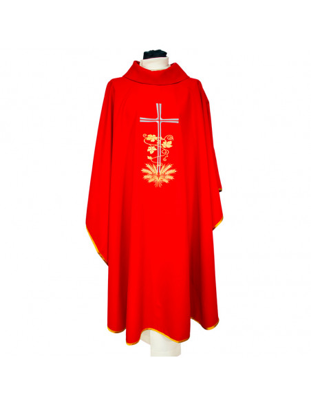 Casulla Cruz Larga Con Hojas De Parra Y Espigas En Base Roja