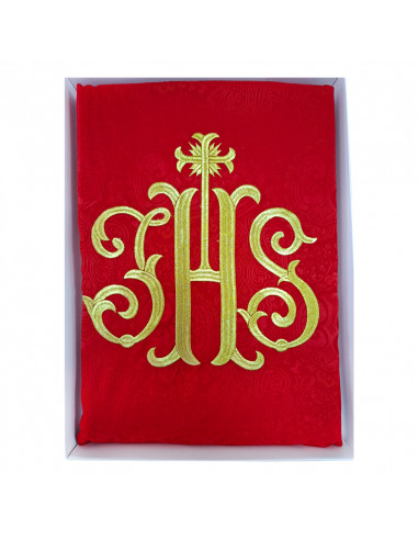 Casulla adamascada bordada JHS roja