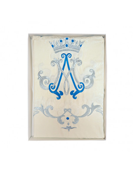 Casulla adamascada bordada Mariana azul y plateado corona y cenefa arriba y abajo