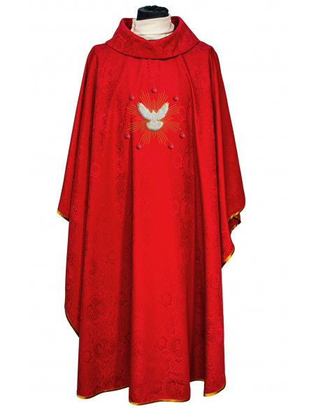 Casulla Adamascada Bordada Espiritu Santo Con Llamas y Rayos Roja