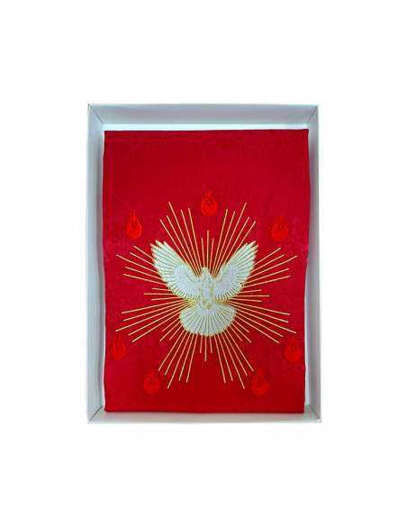 Casulla Adamascada Bordada Espiritu Santo Con Llamas y Rayos Roja