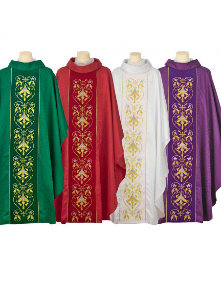 Conjunto 4 Casullas Seis Adornos Florales Tela Adamascada Sobre Galon Central