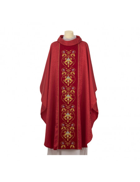 Casulla Adamascada Bordada Cruz Grande Roja Con Dorada Alrededor