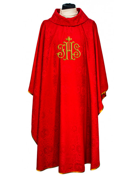 Casulla Adamascada Bordada Jhs Roja