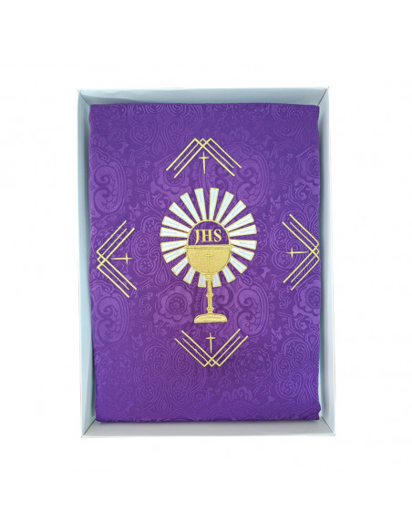 Casulla Adamascada Bordada Caliz Con Forma Jhs Y Rayos Morada