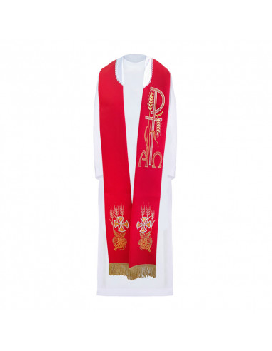 Estola Bordada Ancha Pax Alfa Y Omega Con Cruz Cuadrada 3 Espigas Flecos N133 Roja