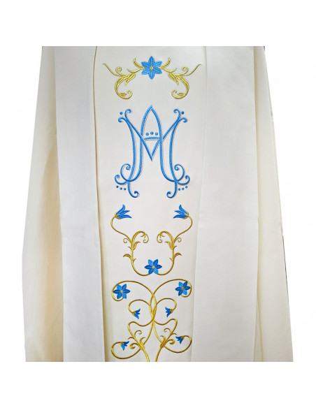 Casulla Bordada Mariana Flores Azules Y Dorado Sobre Galon Central
