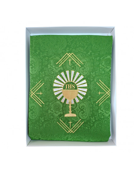 Casulla Adamascada Bordada Caliz Con Forma Jhs Y Rayos Verde