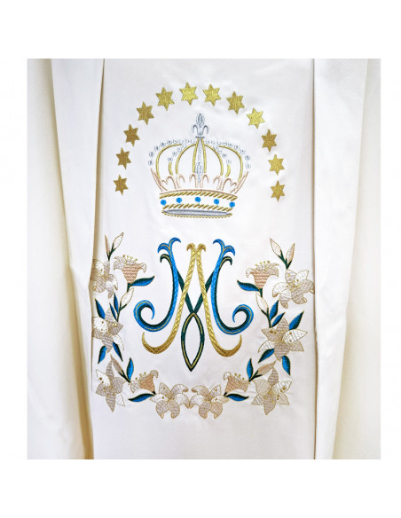 Casulla Bordada Mariana Corona Con Estrellas Y Flores Debajo