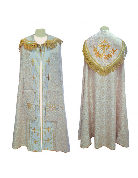 Capa Pluvial Estampada Blanca Tipo Damasco Espigas Y Cruz Rosas Bordadas Detras N441 Con Estola