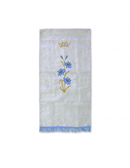 Cubre Ambon Bordado Mariano Tres Flores De Lis Y Corona Arriba Fondo Plateado