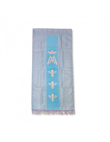 Cubre Ambon Azul Celeste Adamascado Estampado Con Motivos Marianos