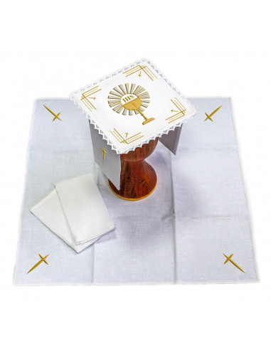 Juego De Altar Lino Bordado Caliz sdm15 con forma JHS y rayos
