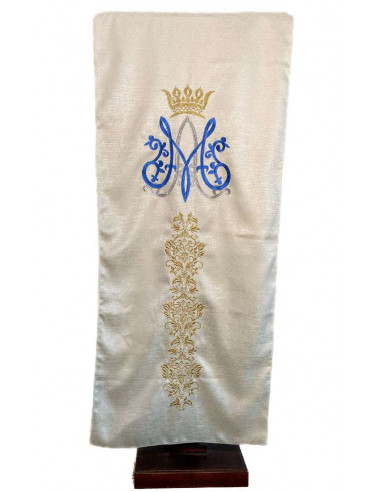 Cubre Ambon Bordado Mariano con Corona y Cenefa Floral Debajo