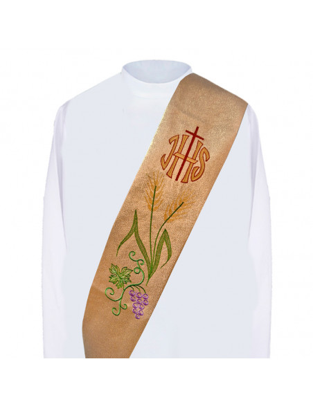 Capa Pluvial Blanca Estampada Tipo Damasco Cruces Y Cruz Con Uvas Detras N444 Con Estola