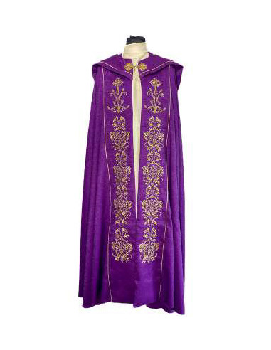 Capa Pluvial Bordada Cruz con 2 espigas y cenefa floral morada