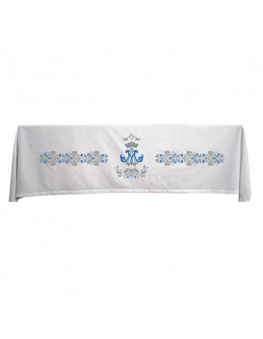 Mantel Altar Bordado 300x160cm Mariano con corona TVA 02 adornos plateados y azul