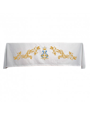 Mantel Altar Bordado 300x160cm Mariano con corona TVA 07 volutas doradas y plata