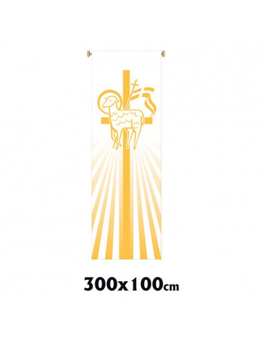 Estandarte Liturgico Blanco Pascua Cordero Amarillo Con Cruz Fondo 300x100cm