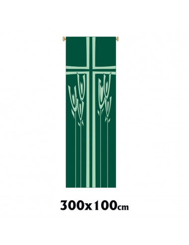 Estandarte Liturgico Verde Espigas Con Cruz Fondo 300x100cm