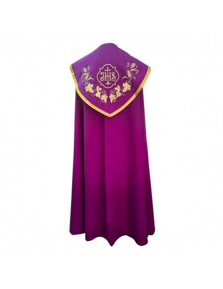 Capa Pluvial Bordada Cruz Con 2 Espigas Y Cenefa Floral Morada